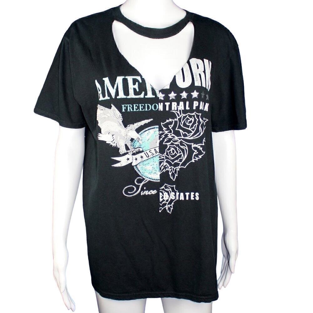 Style Angeles Graphic Tee L Black Choker Cutout America NYC
